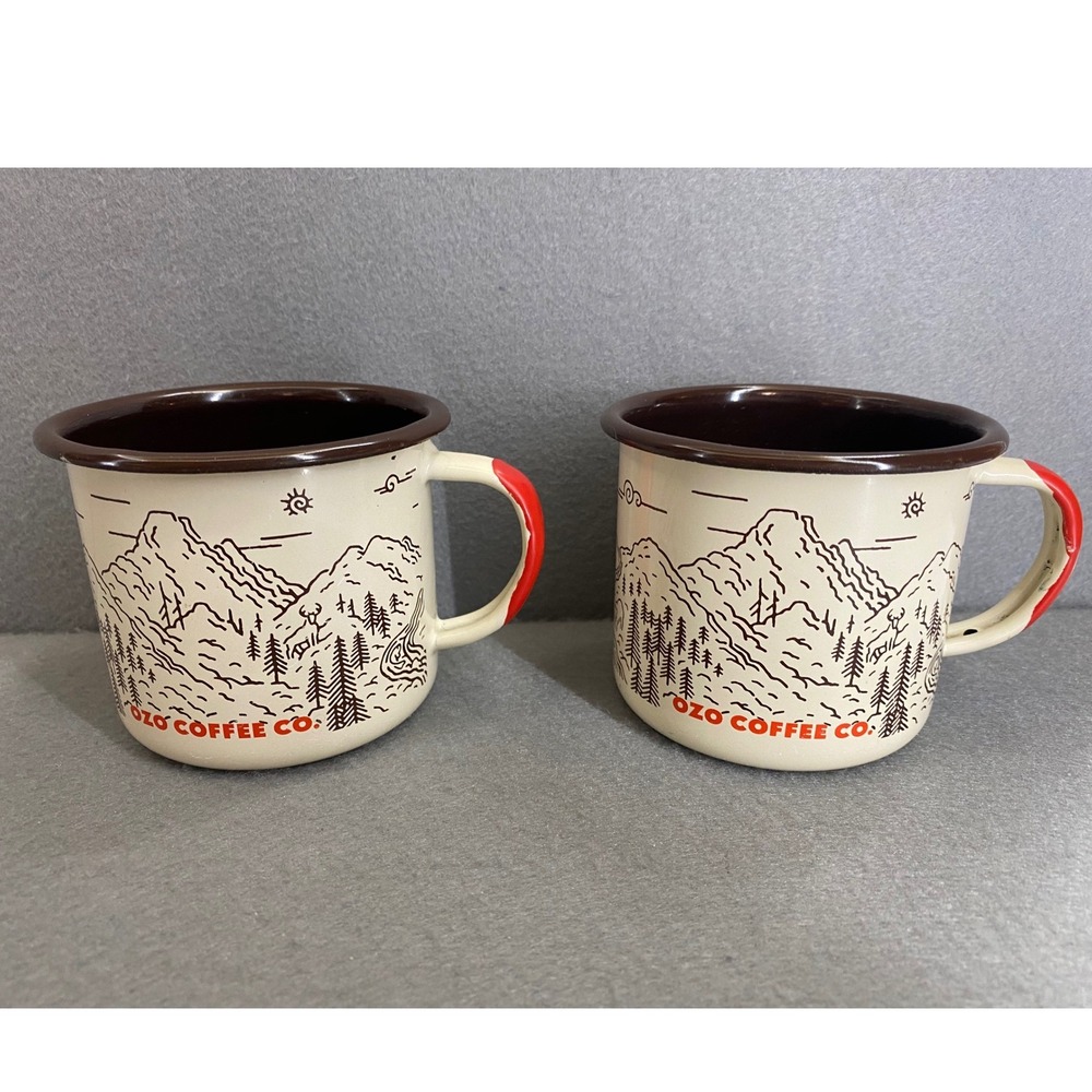 Ozo Coffee Enamel Campfire Mugs Set of 2 Mountains Bear Cream Brown‎ Boulder, CO